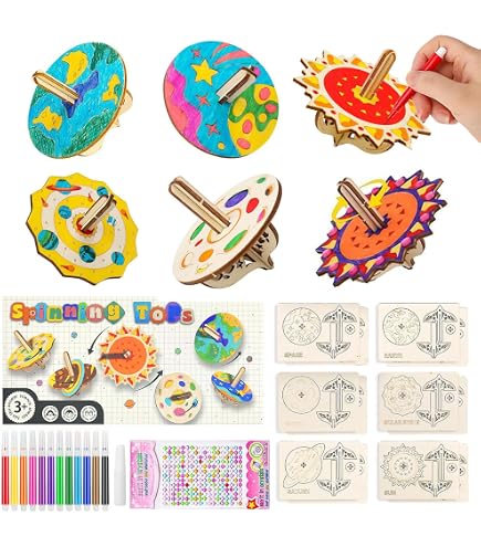 Kit De 12 Peonzas De Madera Para Pintar – Giroscopios Planetarios DIY, Manualidad Creativa Para Niños De 5 A 10 Años