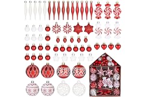 73 Piezas Bolas de Navidad,Birshe Bolas de árbol de Navidad Bolas de Navidad Duradero Bolas de Navidad de Plástico Bolas de árbol de Navidad Adorno para Decoración Navideña Arboles Rojo y Blanco
