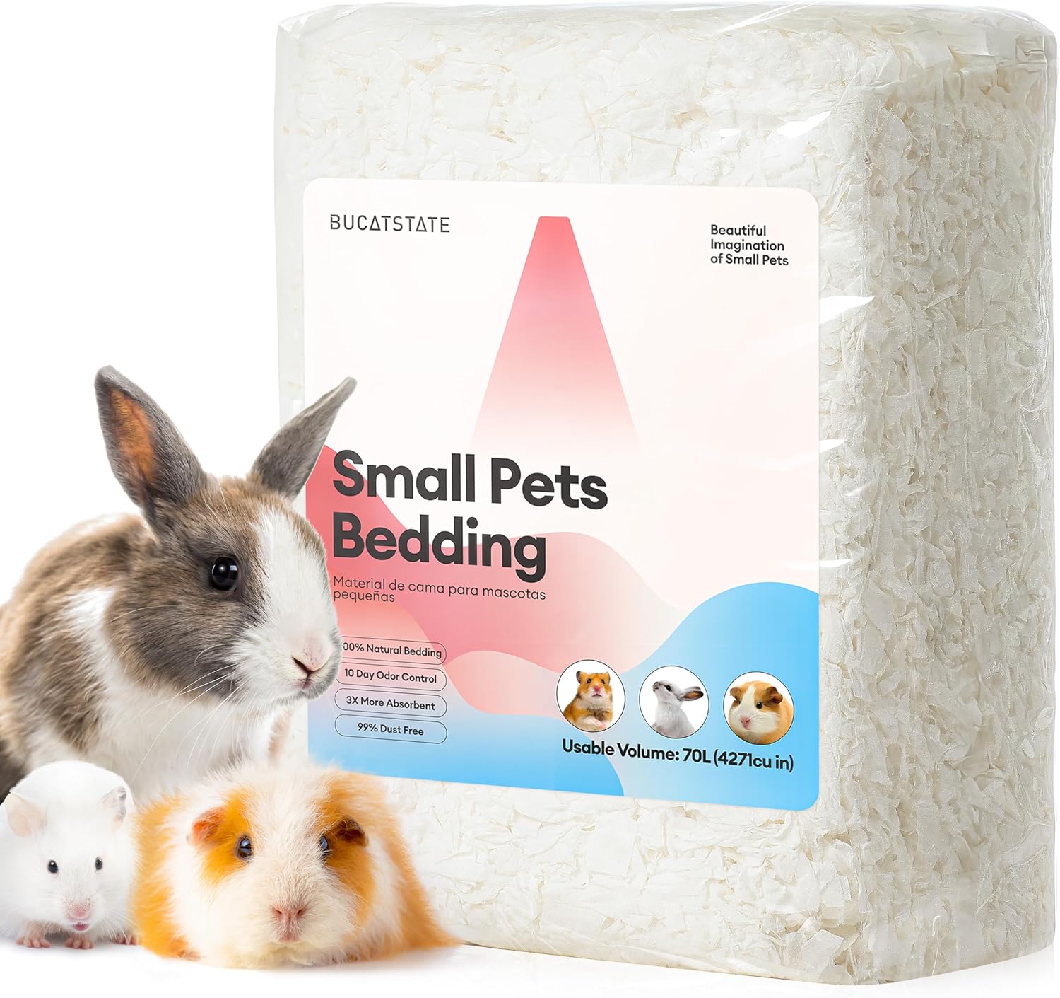 BUCATSTATE Lecho para Hámsteres 70L, Camas para Conejos Animales Pequeños, Ratones, Jerbos, Roedores, Control de Olores, Natural Lecho de Papel Súper Absorbente, 99,9% Libre de Polvo (70litros)