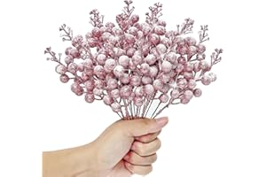 Kunjocy 12 Pcs Snowy Christmas Glitter Berries Stems, Frosted Christmas Berries Decorations Artificial Christmas Berries Picks for Christmas Wreath Garland Xmas Tree Ornament (Pink)