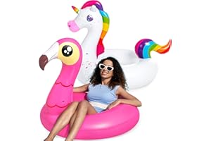 JOYIN Pack of 2 inflatable ride a unicorn and Flamingo Air Mattress with Glitter, Pool Float, Floating Animal Air Mattress, Beach Swimming Pool Toy, Pool Inflatable For Kids (102 x 99 cm)