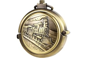 TREEWETO Reloj de bolsillo unisex con cadena, analógico, cuerda manual, forma especial, grande, hueco, bronce