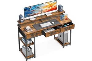 ODK Biurko z szufladami, biurko z regałem, 120 x 50 x 90 cm, biurko komputerowe ze stojakiem na monitor, biurko biurowe, stolik do komputera, stół gamingowy, do domu, biura, salonu, brązowe