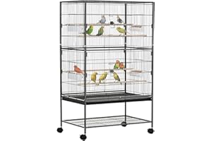 PawHut Jaula para Pájaros con Ruedas Pajarera Metálica con Bandeja Extraíble 4 Puertas 4 Comederos 4 Perchas y Estante de Almacenaje Jaula para Canarios Periquitos 78x52x132 cm Gris Oscuro