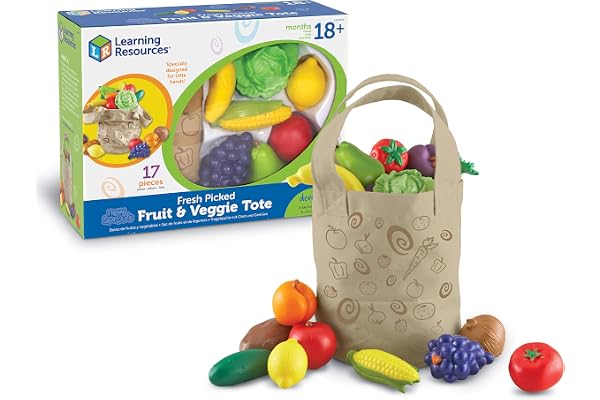 Learning Resources Fresh Picked Fruit & Veggie Tote, Jouet Fruits et légumes pour Jeu d’Imitation, Panier avec 17 pièces, dès 18 Mois
