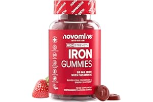 Hierro Suplemento 20 mg - 60 Gominolas de Hierro y Vitamina C 24 mg - Vegano y Sin Gluten Vitaminas para el Cansancio - para Energía y Sistema Inmunológico - para 1 Mes - Novomins