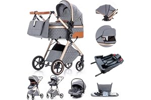 Gcarebb Poussette 3 en 1, Poussettes Citadines Avec Siège Auto, Poussettes Combinée Poignée Réglable en Hauteur Haut Cadre en Aluminium, Poussette canne compacte 0-36kg Paysage
