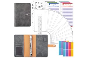 30 Raccoglitori per Bilancio con Busta, TOYESS Raccoglitore A6, in Pelle, con 12 Tasche con Cerniera, 12 Fogli di Budget, 2 Adesivi per Bilancio Planner, Grigio
