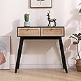 Hi-Well Sleek Solid Pine Entryway Console Table with Natural Woven Rattan -Black or Natural Colour 80x30x77.5cm Design Provides Stylish Storage for Small Spaces (Natural and Black Colour)