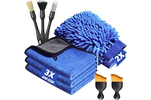 KEYAYE Kit de lavage de voiture 10 pièces avec 3 chiffons de nettoyage en microfibre, 2 gants de lavage et 5 brosses de nettoyage intérieures à poils doux, serviettes de séchage double face ultra