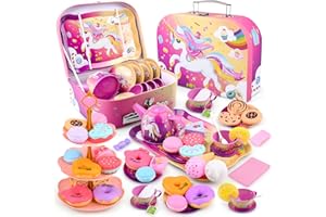 ARANEE Set da Tè Giocattoli Bambini Accessori Cucina Bambini Set da Tè in Latta Tea Party Finta di Giocare con Dessert Donut Giocattoli da Dessert Regalo per Bambina 3 4 5 6 7 8 Anno (Unicorno)