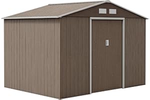 Outsunny Caseta de Jardín Exterior 4,9 m² 277x195x192 cm Efecto Madera Cobertizo de Jardín Exterior con Puerta Corredera Techo Inclinado Base Refuerzo (Suelo NO Incluido) y 4 Ventanas Natural