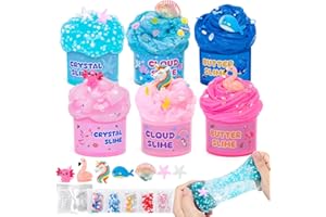 Kazzley Kit Slime Enfant 6 Pack avec 3 Textures - Fluffy Cloud Slime, Butter Slime＆Clear Slime, Antistress Slime Kit avec Unicorn Axolotl Charms, Cadeaux d'anniversaire de fête pour Filles Garçons