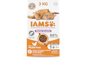 IAMS Advanced Nutrition - Croquettes Chats Adultes et Séniors Anti-Boules de Poils - 100% Complètes et équilibrées - Au poulet frais - Sans OGM Colorants Arômes Artificiels - Sac refermable de 3 kg