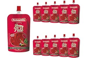 MADAMA OLIVA, Paté di Olive Piccante, Ideale da Utilizzare per Accompagnare Aperitivi, Ortaggi Freschi e Farcire Bruschette, 100% Made in Italy, 10 Buste Squeeze 110 gr