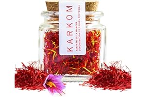 K KARKOM Azafrán DOP en Hebras Español Natural 100%, Perfecto Sazonador para Paella y Comidas Gourmet, Azafrán de Hebra Premium en Tarro de 1 gr