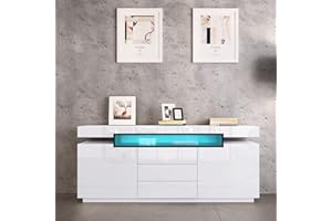 SHDFFHZ Sideboard Modern Living Room Cupboard Unit High Gloss Cabinet 2 Doors 3 Drawers Buffet TV Stand Unit with Led Light for Living Room Kitchen White 160x35x72cm