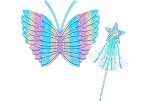 Dacitiery Kids Girls Fairy Wings and Wand Fancy Dress Set - Butterfly Wings, Magics Wand, Glitter Fairy Dress Up Fancy Accessory Costume for Girls Party