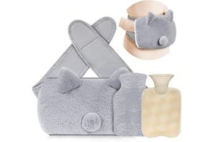 AQHUI Wrap Around Hot Water Bottle with Fluffy Cover Pouch and Furry Waist Belt, Cute Wearable Body Hot Water Bottle Strap on for Period, Neck, Back, Shoulder Pain Relief - Grey
