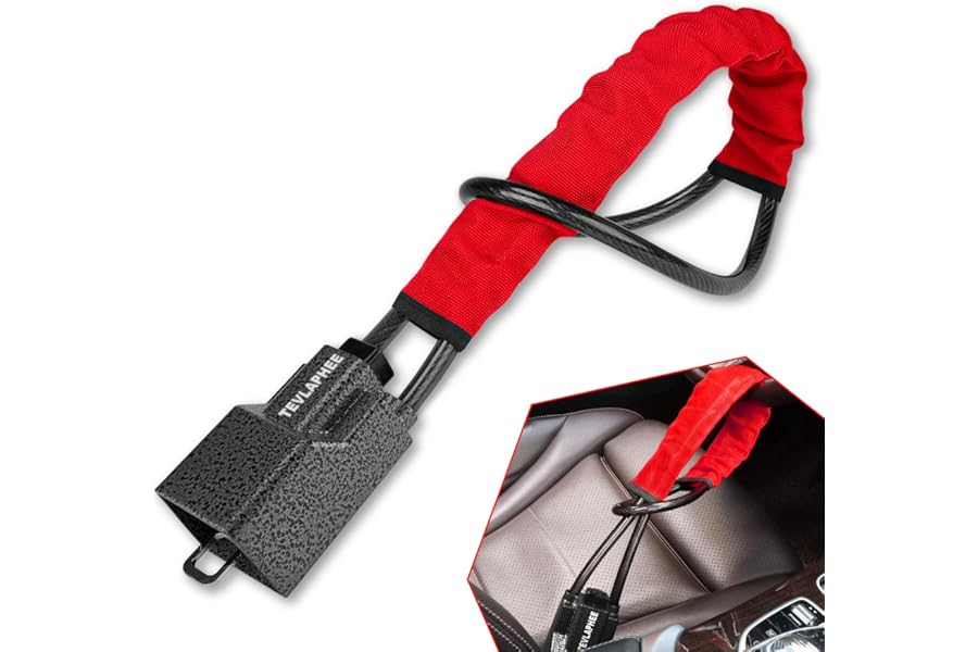 Tevlaphee Upgraded Steering Wheel Lock, Seat Belt Lock, Metal Head, High Visibility Car Lock Anti-Theft Device, Heavy Duty, Universal Fit for Car, SUV, Pickup, Jeep, Van, RV, 3Keys(Red)