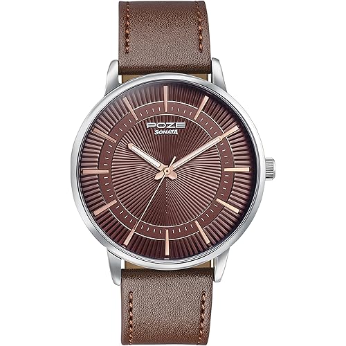 Sonata Poze 6 Strokes and Stroll Quartz Brown Round Dial Men\'s Watch | Leather Strap Material | Watches for Men Analog - SP70076SL01