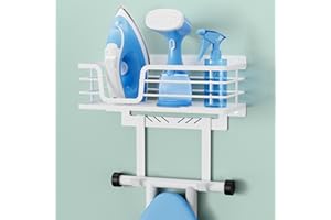 KES 40kg Heavy-Load Ironing Board Hanger Wall Mount, One-Piece Metal Frame Ironing Board Holder with T&V Shaped Hooks, Extra Large Storage Basket, No Breaking Sturdy Screws Included, White, HIR502-WH