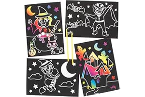 Baker Ross FE766 Halloween Scratch Art Pictures - Pack de 8, Artes y Artesanías para Niños, Grabado Arte para Niños, Halloween Niños Actividades