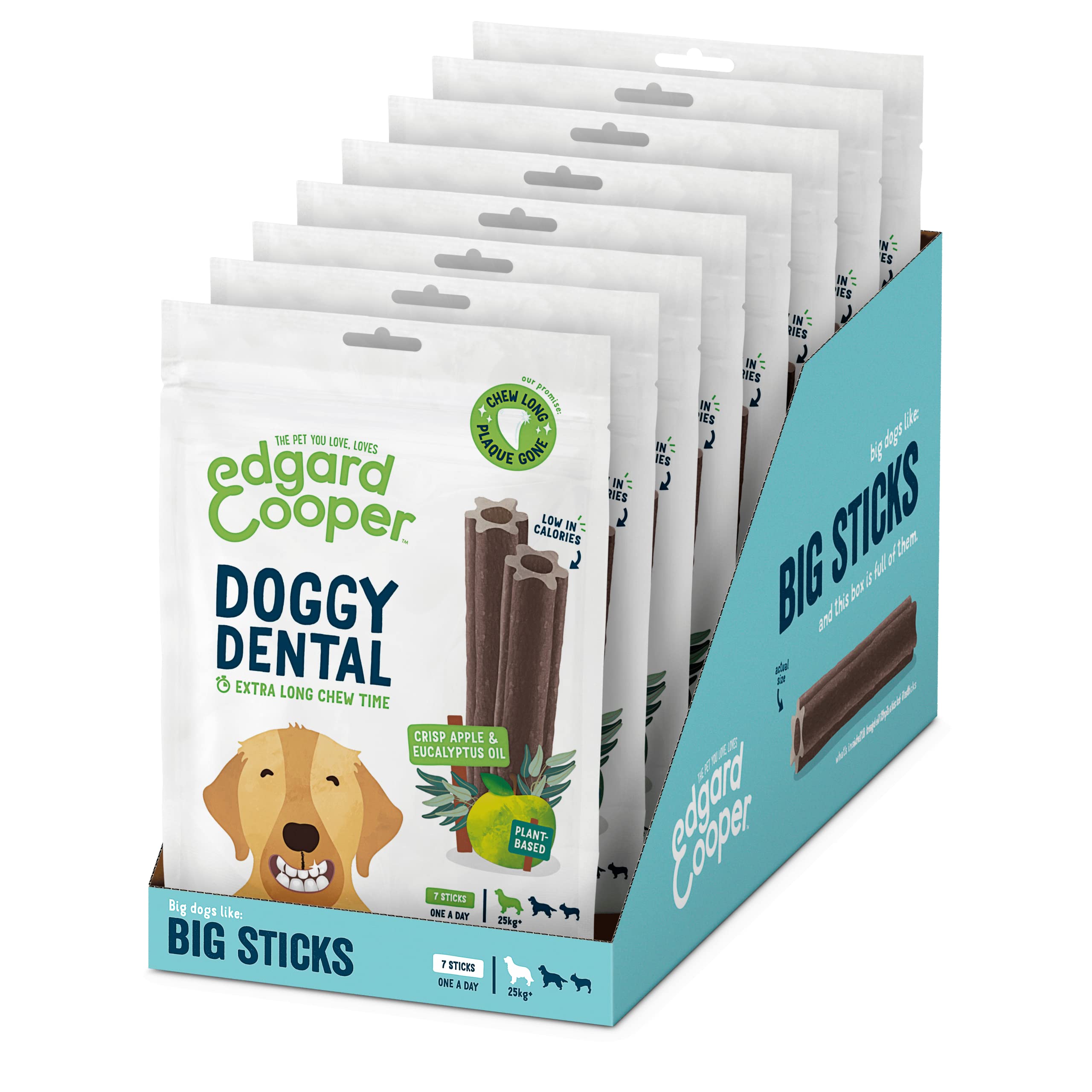 Edgard & Cooper Dental Stick para Perros Grandes 56 Barritas para la Higiene Oral Premios Natural Sin Cereales 7 Sticks x 8 Eucalipto & Manzana, Higiene Dental, Bajo en Calorías, Aliento Fresco