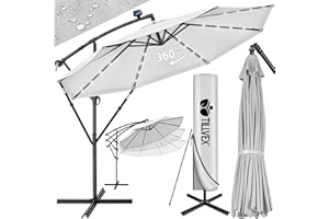 tillvex Parasol déporté LED solaire hexagonale 3M avec manivelle | Pare-soleil avec pied | Protection UV en aluminium pour le jardin | Parasol à manivelle pour le marché déperlant