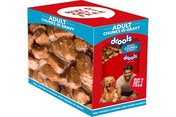 Drools Adult Wet Dog Food 0.9kg (150g x 6) Pack of 6 Real Chicken and Chicken Liver Chunks in Gravy Healthy Skin and Coat Maintains Joint Health Better Digestibility and Health