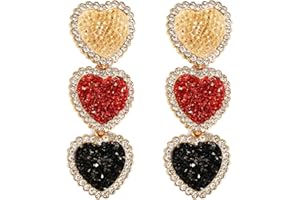 SAVITA Sparkle Heart Earrings, 3 Heart Dangle Earrings Silver Red and Black Personalized Heart Earrings for Women Girls Teen Long Heart Earrings Dangle for Festival Birthday Party (1 Pair)