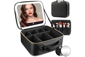 SUUPVAOR Reisekosmetiktasche mit beleuchtetem Spiegel, unterteilbare Kosmetiktasche Kosmetiktasche mit 3 Farbmodi dimmbaren Lichtspiegel, wasserdichte PU Leder Make up Organizer Tasche