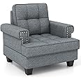 COSTWAY Tufted Accent Chair, Upholstered Linen Fabric Lounge Armchair Single Sofa Chair with Widened Seat, Rubber Wood Frame Comfy Occasional Fireside Reading Chair for Living Room Reception (Grey)