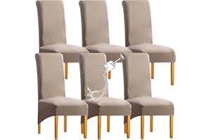 SHENGYIJING 1/2/4/6 PCS Diamond Lattice FStretch Waterproof XL Chair Covers for Dining Room, Spandex Large Dining Chair Slipcovers High Back Jacquard Dining Chair Covers (Khaki,Set of 6)