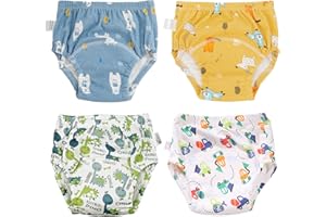 Dioshark Mutandine Apprendimento Bambini Bambino, 4 Pezzi Assorbenti Mutanda Spannolinamento Lavabili Vasino Cotone Pannolini Allenatrici Dinosauro Auto Orso Stampa per 4-6 Anni, Giallo Bianco Blu
