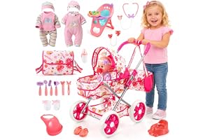 HappyGoLucky Dockvagn med 28 cm docka, tillbehör och kläder, babyvagn, leksak, barn, flicka, 2–8 år, rollspel, present, flicka, barn, 3–7 år, perfekt för födelsedag, jul