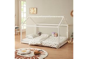 [en.casa] Letto per Cameretta a Forma di Casetta 120 x 200 cm Struttura Letto 1 Piazza e Mezza in Legno di Pino Stile Montessori - Bianco