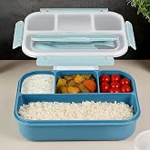 Sızdırmaz Contalı Yemek Kabı - 4 B&ouml;lmeli &Ccedil;atal Kaşıklı Diyet Beslenme Kutusu Lunch Box Mavi