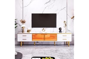 Jaxenor 170 cm TV-skåp i mamorlook, TV-bänk med 4 fötter, TV-skåp med 4 strukturerade lådor, två bruna dörrar av härdat glas