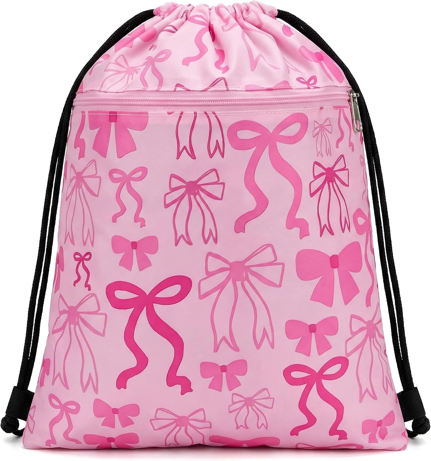 Zidoley Drawstring Bags for Kids Adults Girls Women, Pink Bow Swimming Bag, Waterproof Pe Draw String Bags for Swim, Gym Sack, Sports, School