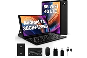 FASTWD Android 14 Tablet 10 Zoll,36GB RAM+128GB ROM,Tablet 5G WiFi 4G LTE,8MP+13MP,FHD1920*1200 incell,8000mAh,FaceID,Tablet mit Tastatur,Maus,Holster,Stift,Schwarz