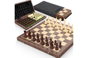 Premium 38 cm magnetiskt schack- och schackspel i valnöt – 2-i-1 vikbart brädspel i trä med Staunton figurer, 2 extra damer