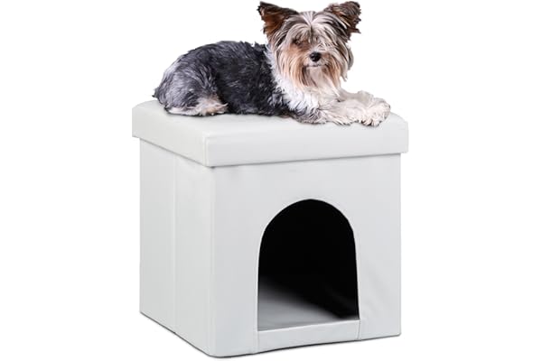 Relaxdays 10019046 Maison pour petits chiens et chats pliable pliante banc en similicuir confortable Tabouret abri panier malle cube niche HxlxP : 38 x 38 x 38 cm repose-pieds couvercle amovible, blanc