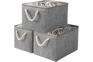 Yawinhe Lot de 3 Paniers de Rangement Pliables, Boite Rangement Tissu, avec Cordon de Serrage et 2 Poignées, Caisse de Rangement, pour Vêtements, Gris, 34x24x20cm, SNK003GS