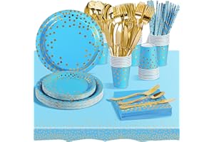 AIPartywar 226 Pcs Piezas Azul Claro Cumpleaños Vajilla de Fiesta, Platos y Vaso Cumpleaños Infantil, Juego de vajilla para Fiestas Platos Vasos Servilletas Cubiertos -25 Invitado