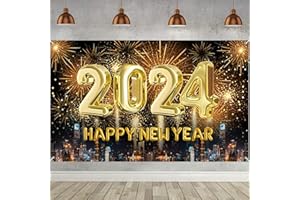 LECONCES Silvester Deko, XXL Neujahr Hintergrund Banner Happy New Year 2024 Deko, 2024 Silvester Thema Party für Neujahr Indoor und Outdoor Dekoration(180 * 110cm)