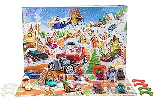 Mattel Hot Wheels Kalendarz adwentowy Zestaw do zabawy, 10 samochodów zabawek w skali 1:64, 10 ozdobnych klipsów i 14 zimowych akcesoriów, JCB47