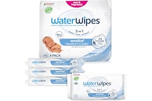 ‎WATERWIPES WaterWipes Sensitive+ Newborn & Baby Wipes, 240 sztuk (opakowanie 4), 3 w 1: delikatnie oczyszczają, pielęgnują, chronią, 99.9% wody, bezzapachowe