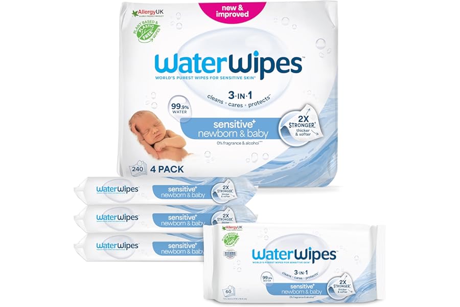 WaterWipes Sensitive+ Newborn & Baby Wipes, 240 Pieces (4 Packs), Cleanses, Cares, Protects, 99.9% Water, Fragrance Free