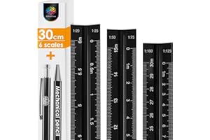 OfficeTree Metal Scale Ruler 30cm with Mechanical Pencil - Aluminium - 300mm Triangular Scale Ruler Architect - Metric Scaled 1:20, 1:25, 1:50, 1:75, 1:100, 1:125 - Architecture Stationary